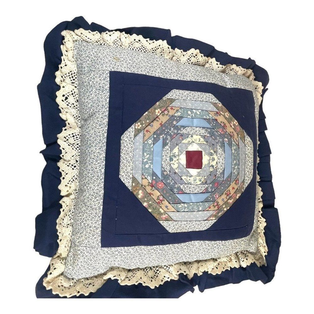 Vintage Quilted Paper Piecing Pinwheel Throw Pillow 13” Ruffle Cottagecore Blue